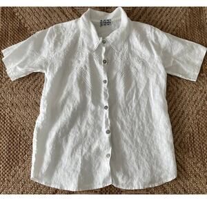 Vintage Di Moda White Linen Button Up Floral Embroidery Blouse